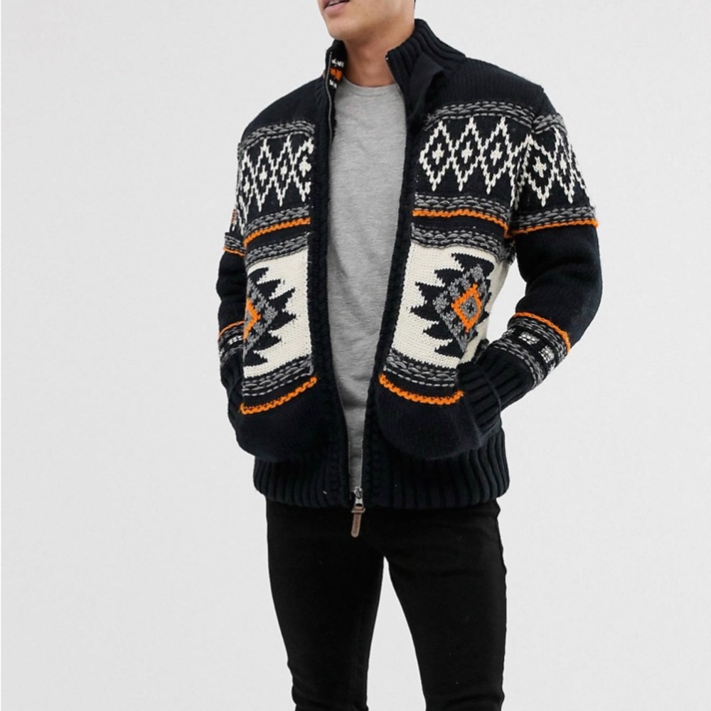 Superdry super buffalo cardigan in navy orange white mens S
